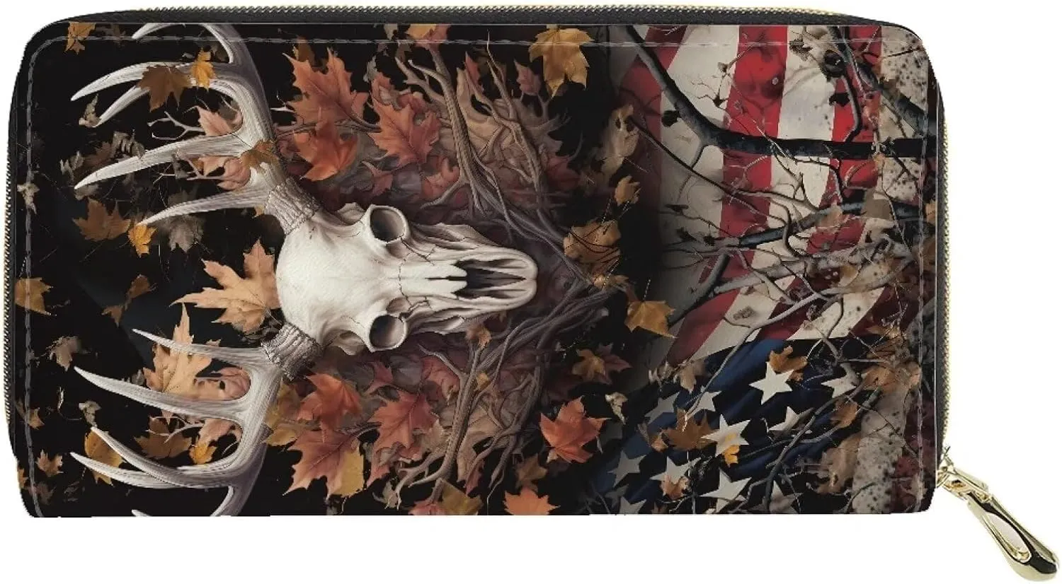 Poceacles American Flag Deer Skull Print Women Wallets, Large Capacity Clutch Purse for Women Wallet Clearance Credit Card Holder Leather Handbag Wallets Ladies Clutch Purse