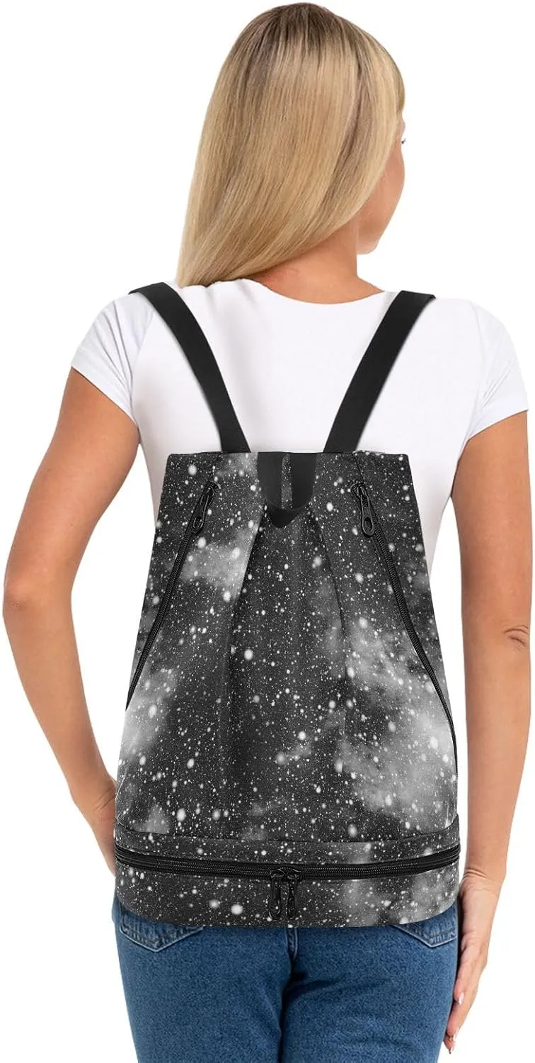 Poeticcity Gym Swimming Drawstring Bags Daypacks Backpack Purse Casual Knapsack Shoulder Bag Sitting Rucksack Black White Color Universe, Nebula Night Starry Sky Rainbow Galaxy