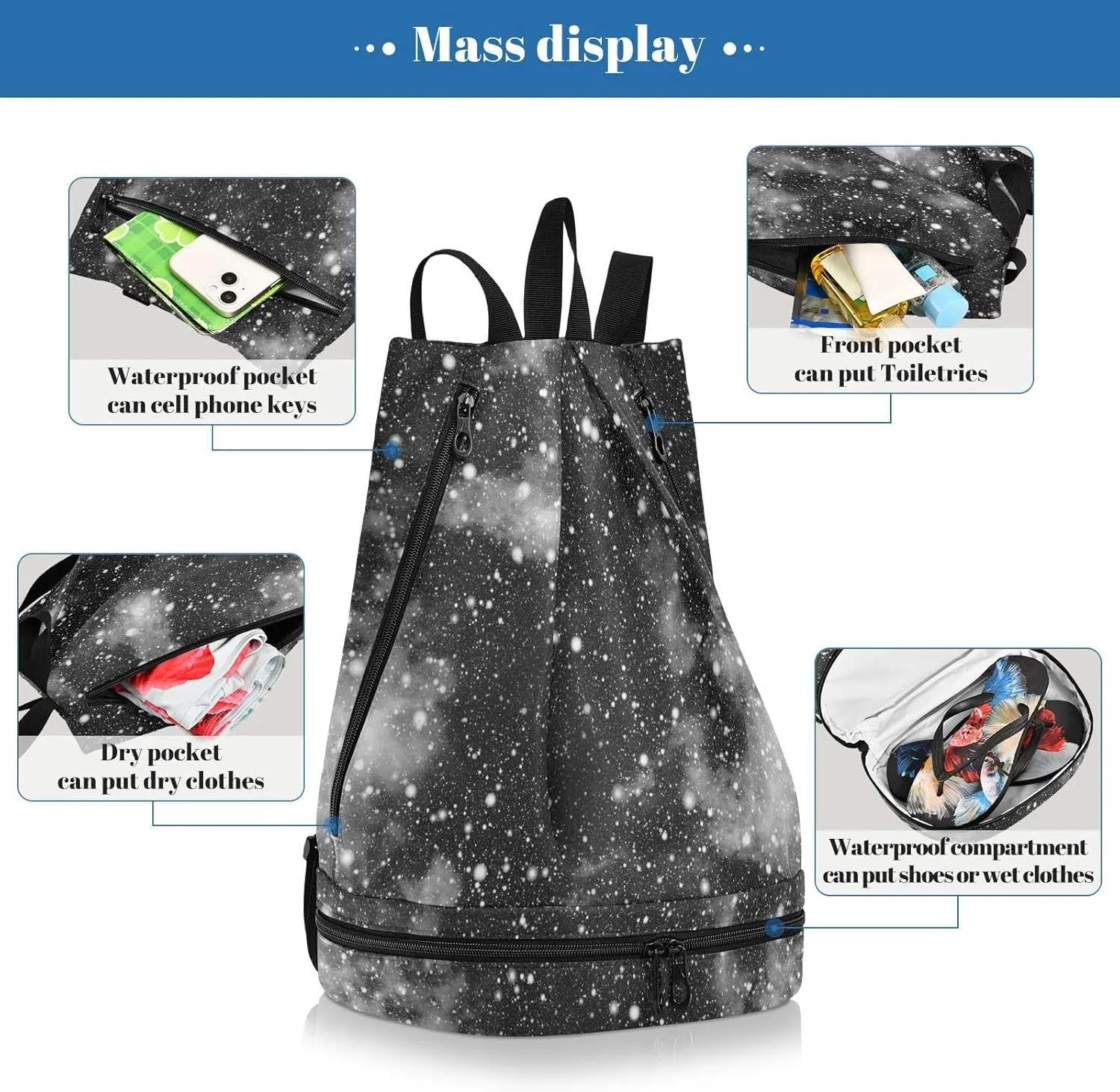 Poeticcity Gym Swimming Drawstring Bags Daypacks Backpack Purse Casual Knapsack Shoulder Bag Sitting Rucksack Black White Color Universe, Nebula Night Starry Sky Rainbow Galaxy