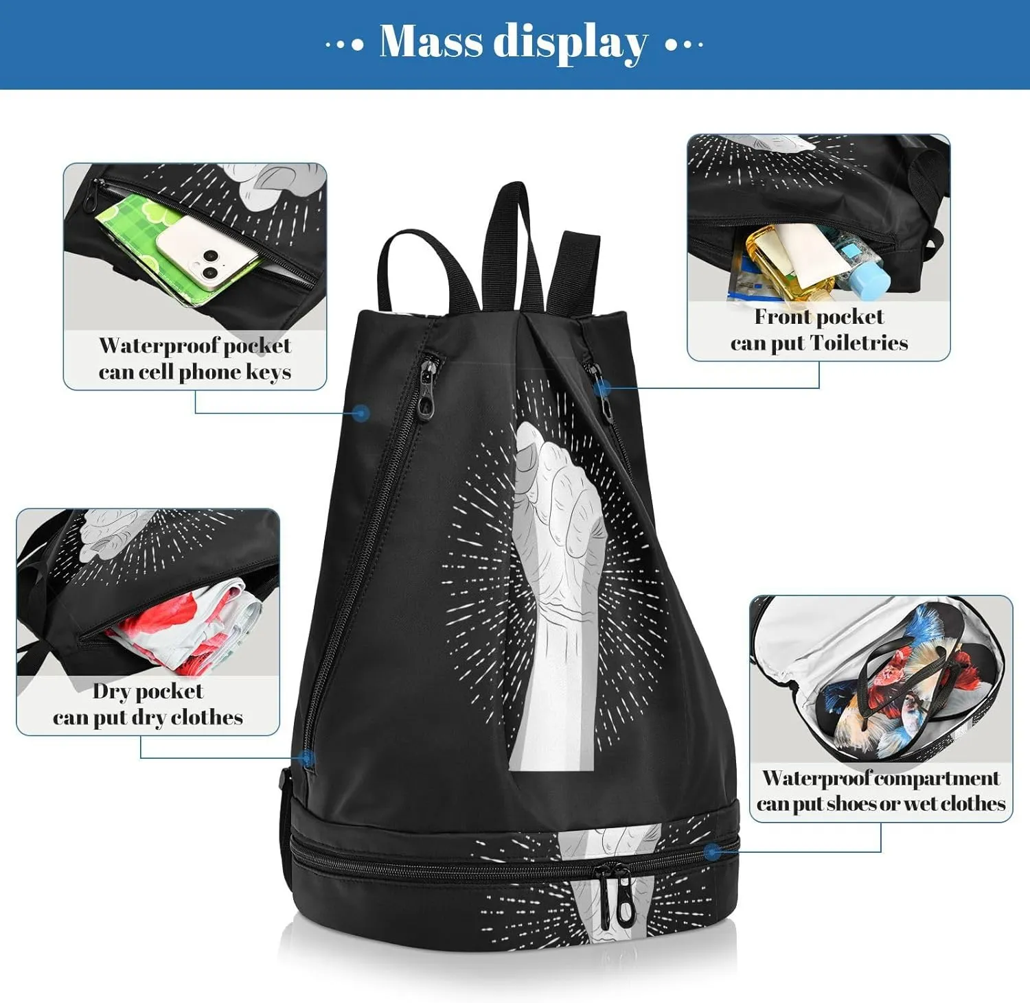Poeticcity Gym Swimming Drawstring Bags Daypacks Backpack Purse Casual Knapsack Shoulder Bag Sitting Rucksack Human Hand with a Fist Raised up with White Rays on Dark