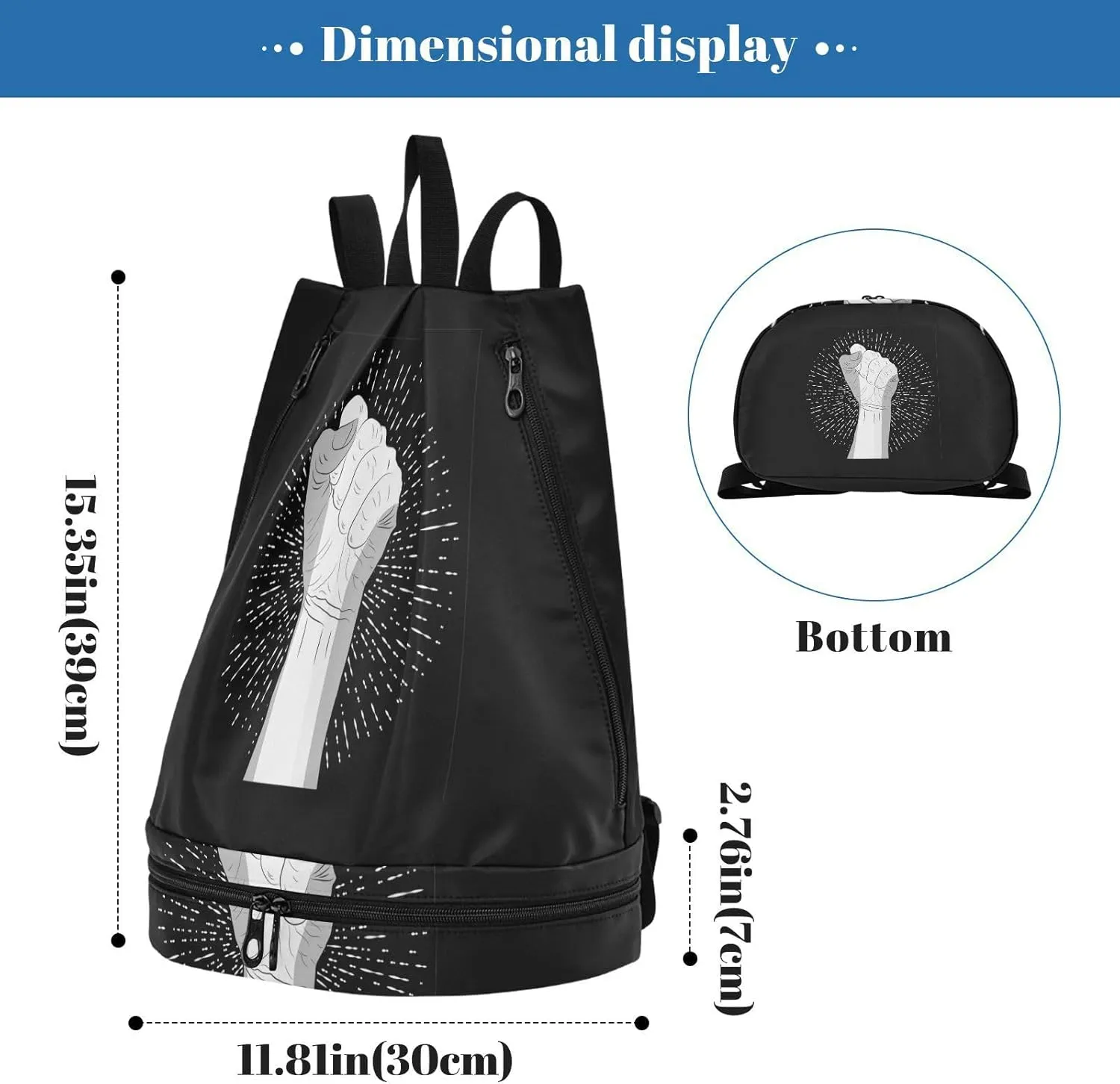 Poeticcity Gym Swimming Drawstring Bags Daypacks Backpack Purse Casual Knapsack Shoulder Bag Sitting Rucksack Human Hand with a Fist Raised up with White Rays on Dark