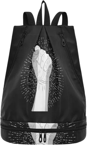 Poeticcity Gym Swimming Drawstring Bags Daypacks Backpack Purse Casual Knapsack Shoulder Bag Sitting Rucksack Human Hand with a Fist Raised up with White Rays on Dark