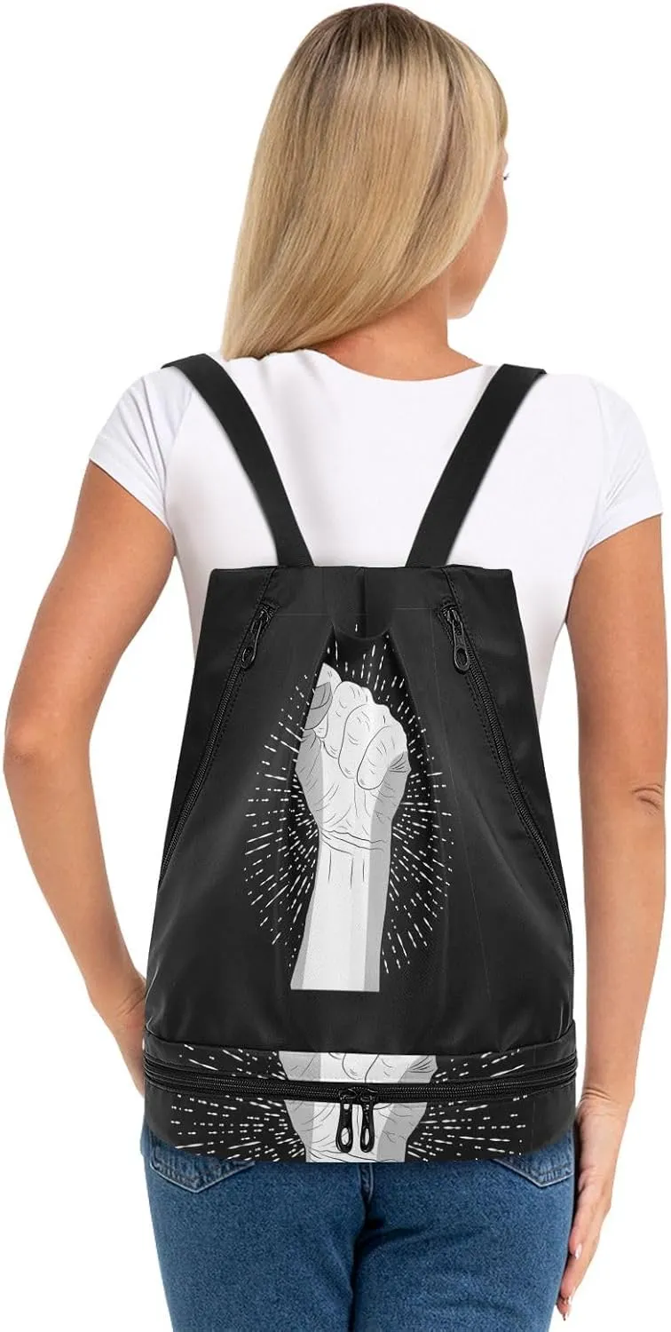 Poeticcity Gym Swimming Drawstring Bags Daypacks Backpack Purse Casual Knapsack Shoulder Bag Sitting Rucksack Human Hand with a Fist Raised up with White Rays on Dark