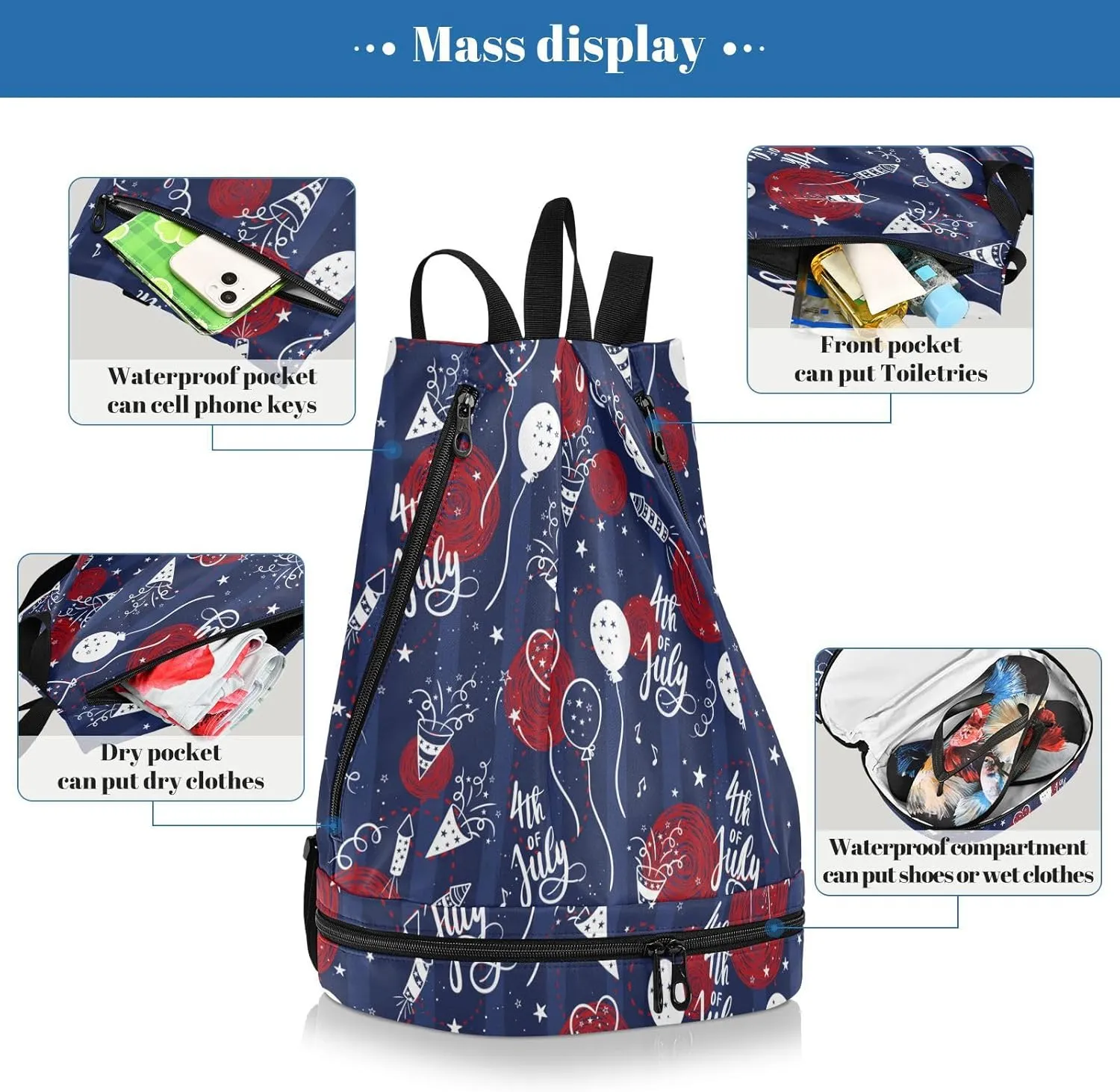 Poeticcity Gym Swimming Drawstring Bags Daypacks Backpack Purse Casual Knapsack Shoulder Bag Sitting Rucksack Independence 4th July White Balloon Red Circles on Dark Blue