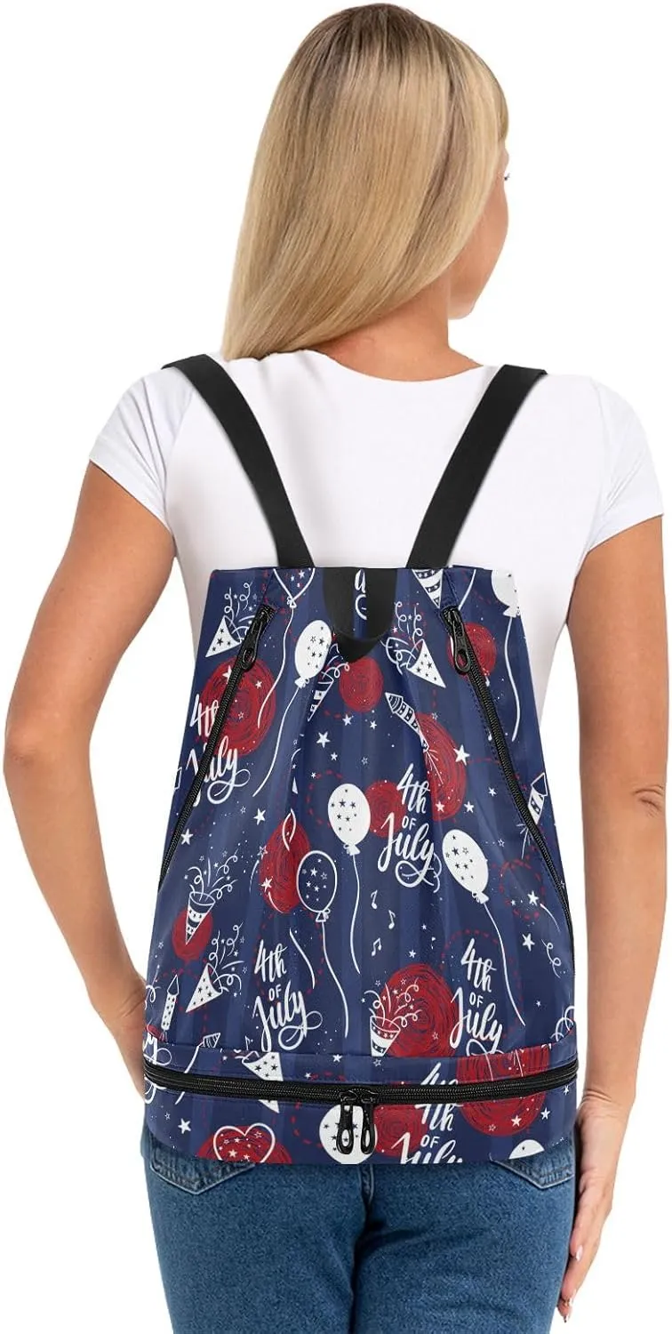 Poeticcity Gym Swimming Drawstring Bags Daypacks Backpack Purse Casual Knapsack Shoulder Bag Sitting Rucksack Independence 4th July White Balloon Red Circles on Dark Blue