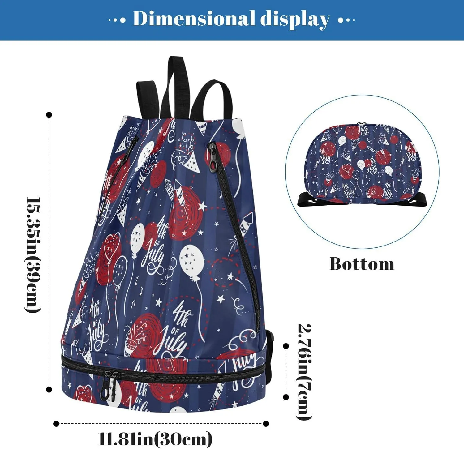 Poeticcity Gym Swimming Drawstring Bags Daypacks Backpack Purse Casual Knapsack Shoulder Bag Sitting Rucksack Independence 4th July White Balloon Red Circles on Dark Blue