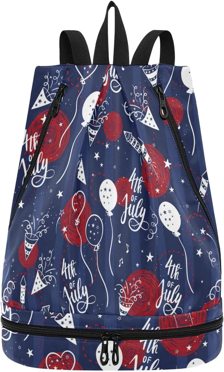 Poeticcity Gym Swimming Drawstring Bags Daypacks Backpack Purse Casual Knapsack Shoulder Bag Sitting Rucksack Independence 4th July White Balloon Red Circles on Dark Blue