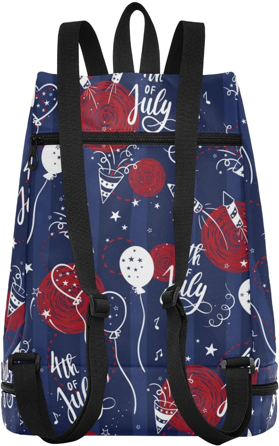 Poeticcity Gym Swimming Drawstring Bags Daypacks Backpack Purse Casual Knapsack Shoulder Bag Sitting Rucksack Independence 4th July White Balloon Red Circles on Dark Blue