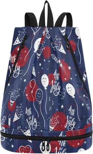 Poeticcity Gym Swimming Drawstring Bags Daypacks Backpack Purse Casual Knapsack Shoulder Bag Sitting Rucksack Independence 4th July White Balloon Red Circles on Dark Blue