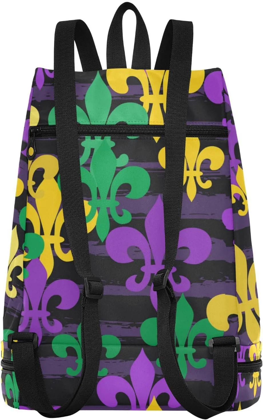 Poeticcity Gym Swimming Drawstring Bags Daypacks Backpack Purse Casual Knapsack Shoulder Bag Sitting Rucksack Mardi Gras Carnival Masquerade Purple Yellow Green Fleur De Lis