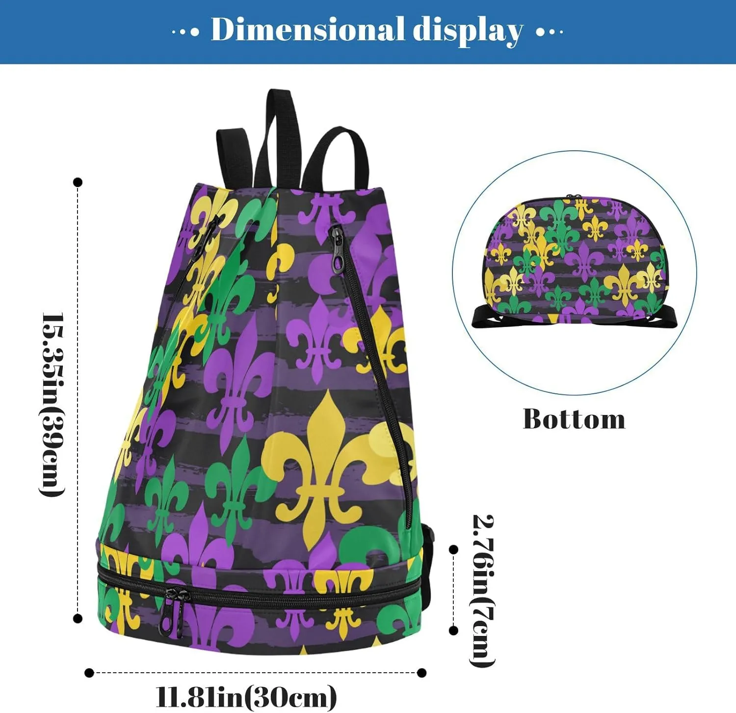 Poeticcity Gym Swimming Drawstring Bags Daypacks Backpack Purse Casual Knapsack Shoulder Bag Sitting Rucksack Mardi Gras Carnival Masquerade Purple Yellow Green Fleur De Lis