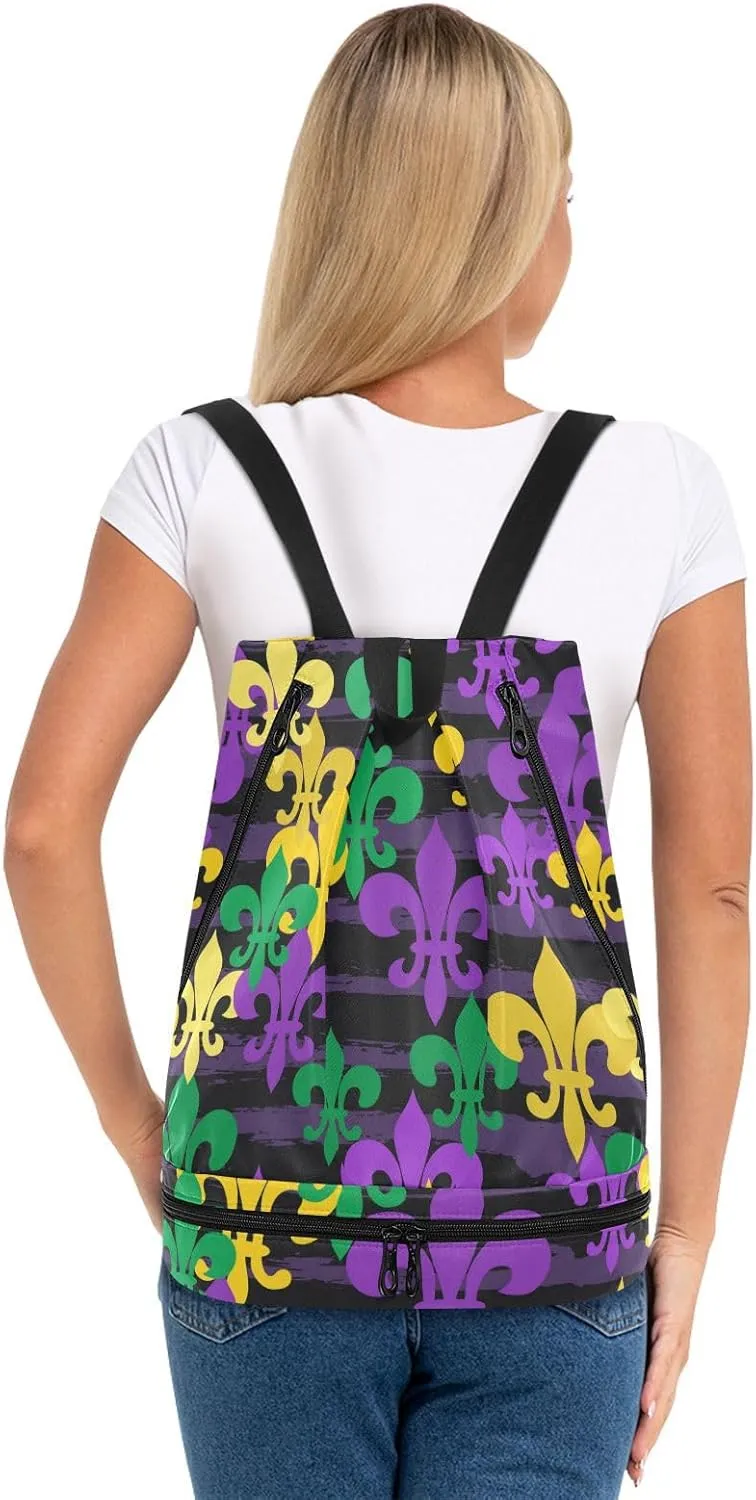 Poeticcity Gym Swimming Drawstring Bags Daypacks Backpack Purse Casual Knapsack Shoulder Bag Sitting Rucksack Mardi Gras Carnival Masquerade Purple Yellow Green Fleur De Lis