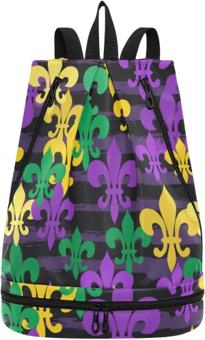 Poeticcity Gym Swimming Drawstring Bags Daypacks Backpack Purse Casual Knapsack Shoulder Bag Sitting Rucksack Mardi Gras Carnival Masquerade Purple Yellow Green Fleur De Lis