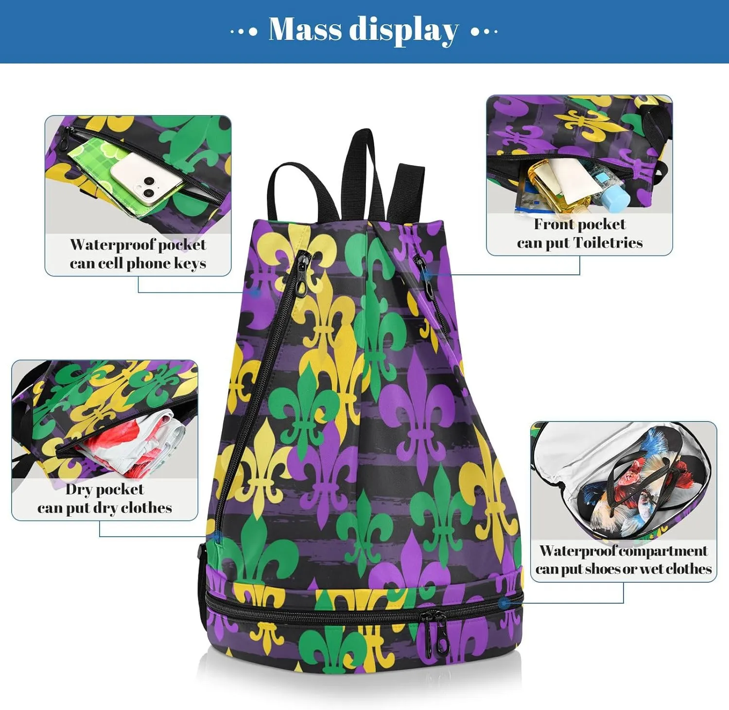 Poeticcity Gym Swimming Drawstring Bags Daypacks Backpack Purse Casual Knapsack Shoulder Bag Sitting Rucksack Mardi Gras Carnival Masquerade Purple Yellow Green Fleur De Lis