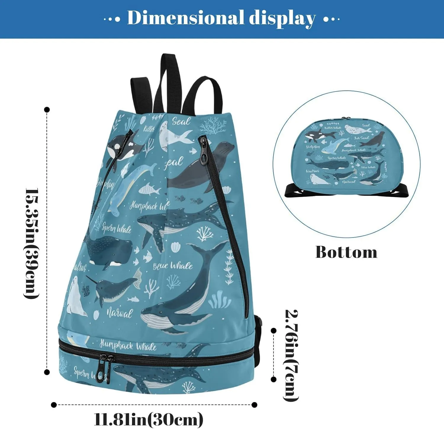 Poeticcity Gym Swimming Drawstring Bags Daypacks Backpack Purse Casual Knapsack Shoulder Bag Sitting Rucksack Marine Dolphin, Killer Whale, Narwhal Walrus Blue Ocean Water