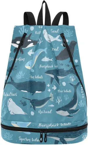 Poeticcity Gym Swimming Drawstring Bags Daypacks Backpack Purse Casual Knapsack Shoulder Bag Sitting Rucksack Marine Dolphin, Killer Whale, Narwhal Walrus Blue Ocean Water