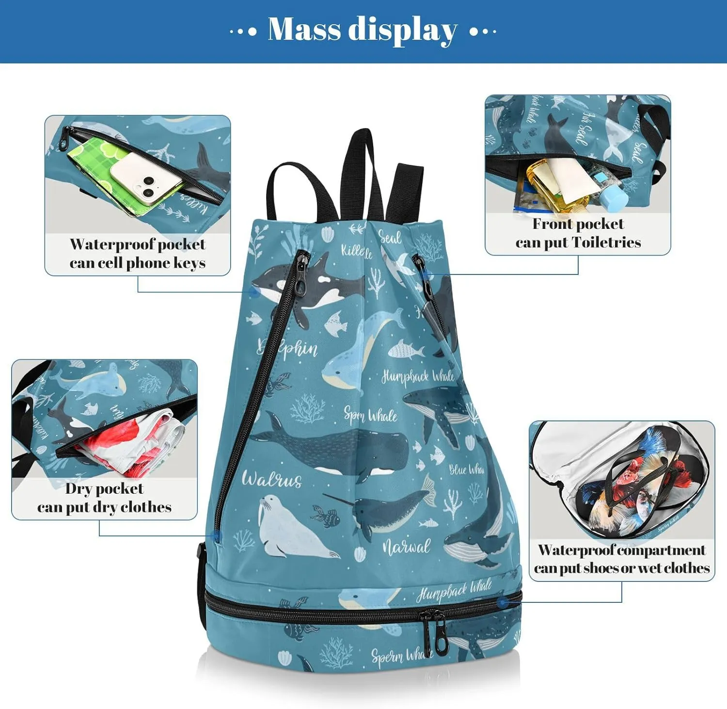 Poeticcity Gym Swimming Drawstring Bags Daypacks Backpack Purse Casual Knapsack Shoulder Bag Sitting Rucksack Marine Dolphin, Killer Whale, Narwhal Walrus Blue Ocean Water