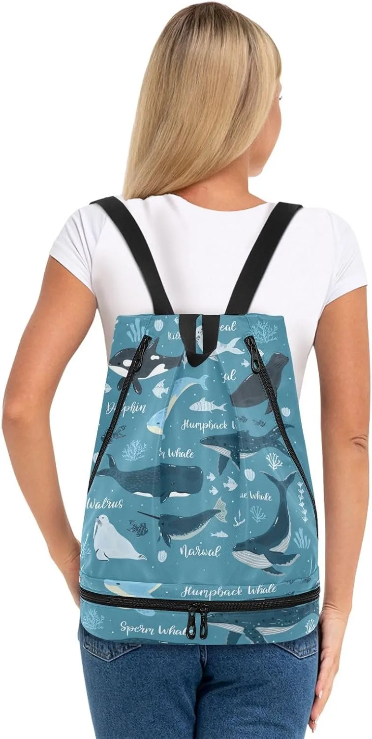 Poeticcity Gym Swimming Drawstring Bags Daypacks Backpack Purse Casual Knapsack Shoulder Bag Sitting Rucksack Marine Dolphin, Killer Whale, Narwhal Walrus Blue Ocean Water
