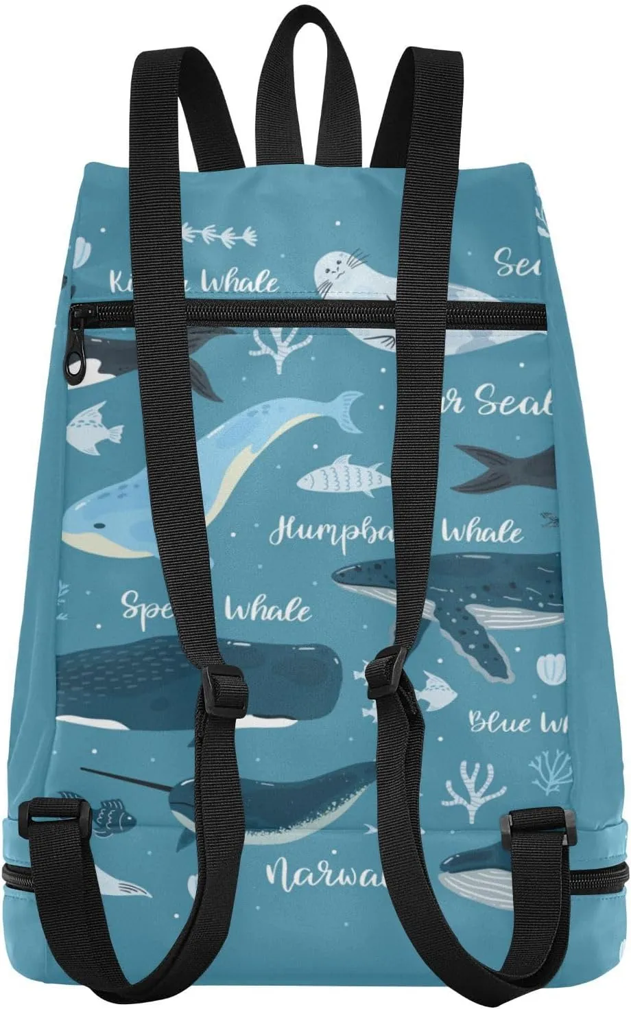 Poeticcity Gym Swimming Drawstring Bags Daypacks Backpack Purse Casual Knapsack Shoulder Bag Sitting Rucksack Marine Dolphin, Killer Whale, Narwhal Walrus Blue Ocean Water