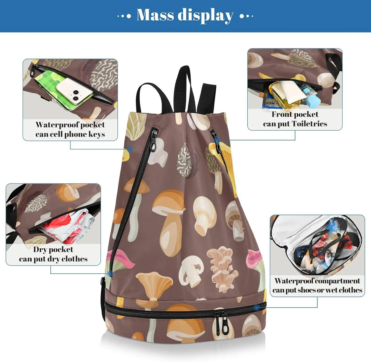 Poeticcity Gym Swimming Drawstring Bags Daypacks Backpack Purse Casual Knapsack Shoulder Bag Sitting Rucksack Natural Fungus Organic Food on Brown