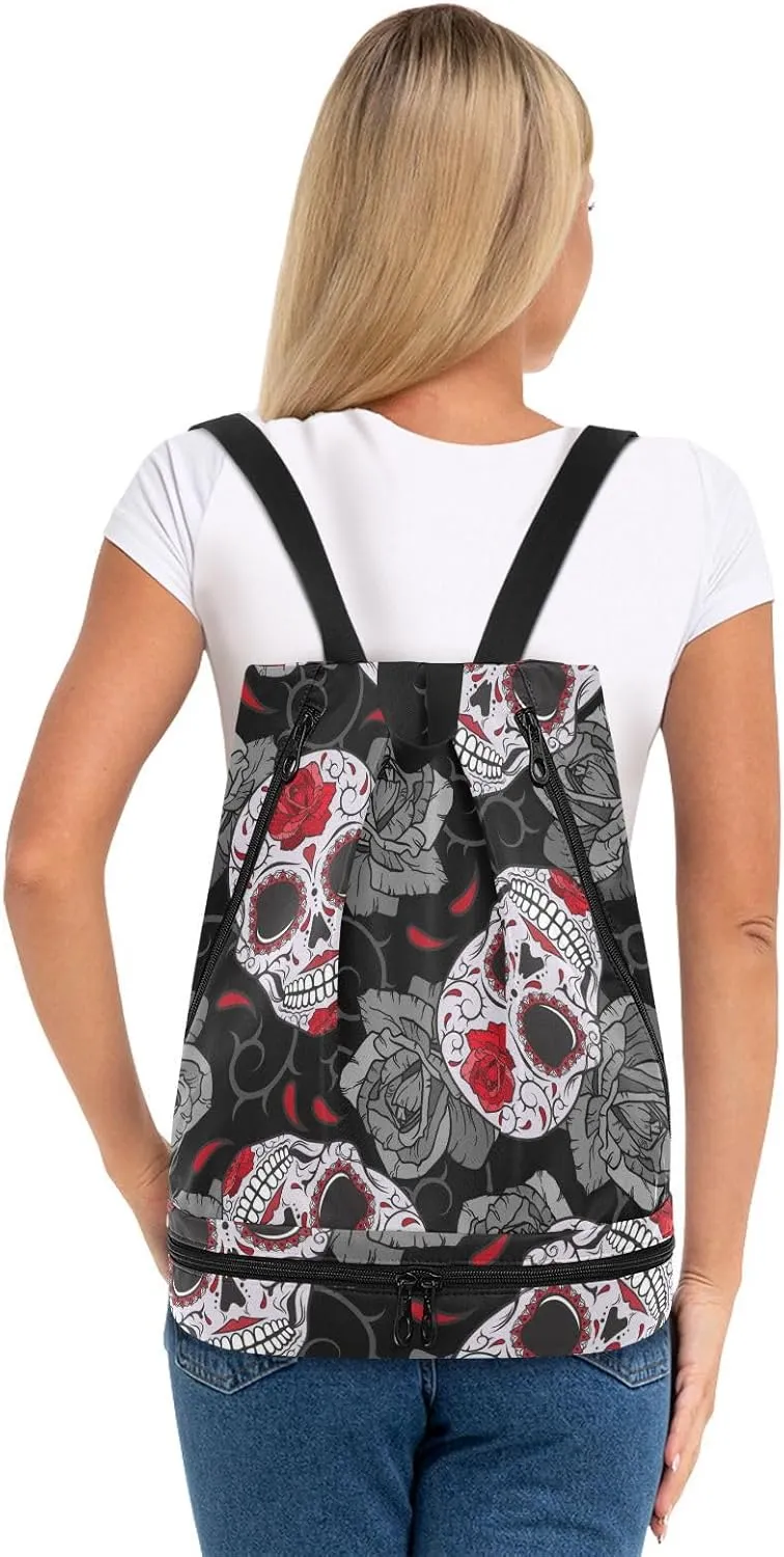 Poeticcity Gym Swimming Drawstring Bags Daypacks Backpack Purse Casual Knapsack Shoulder Bag Sitting Rucksack Seamless Gothic Sugar Skulls with Red Roses, Grey Roses Thorns