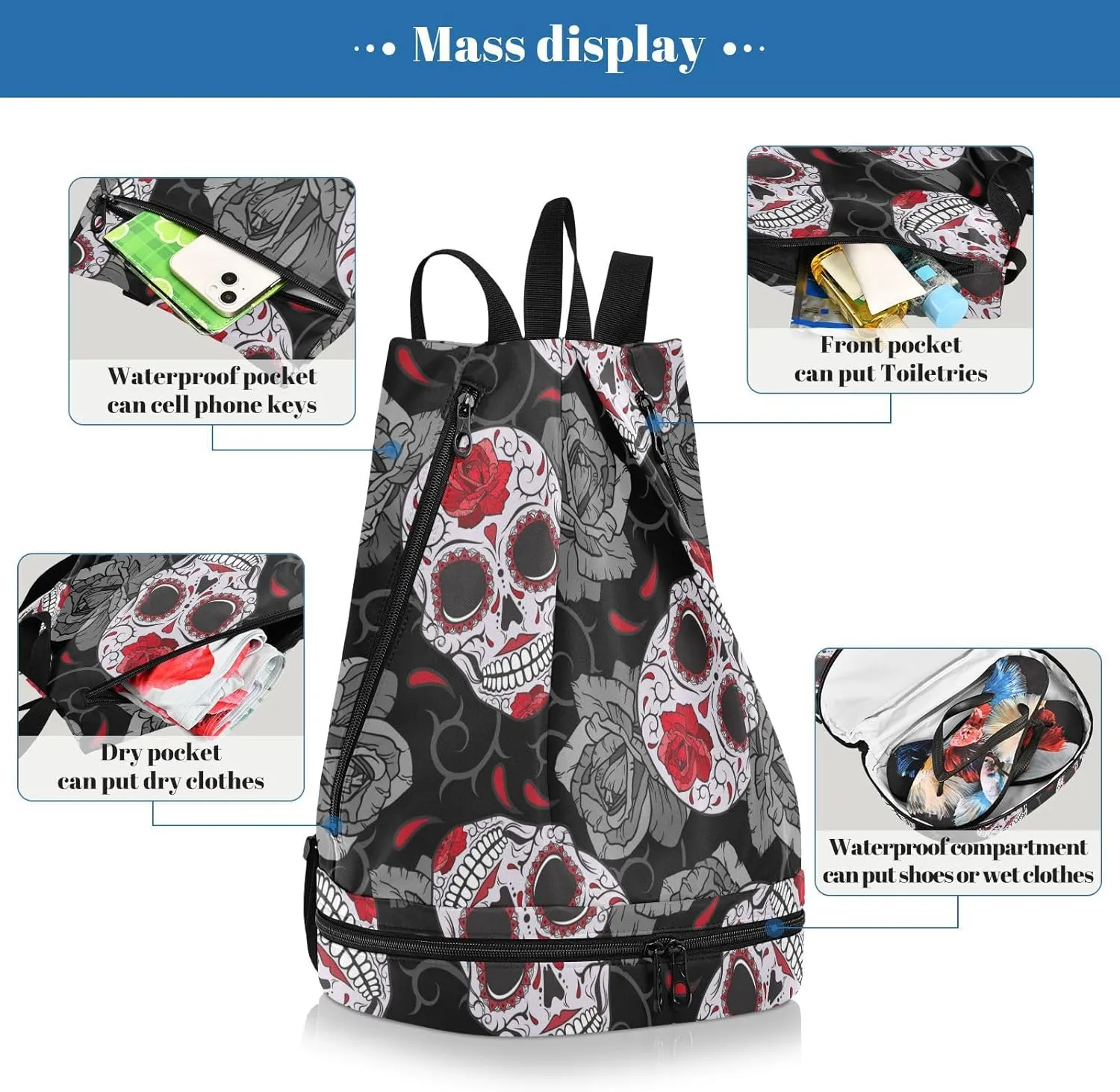 Poeticcity Gym Swimming Drawstring Bags Daypacks Backpack Purse Casual Knapsack Shoulder Bag Sitting Rucksack Seamless Gothic Sugar Skulls with Red Roses, Grey Roses Thorns