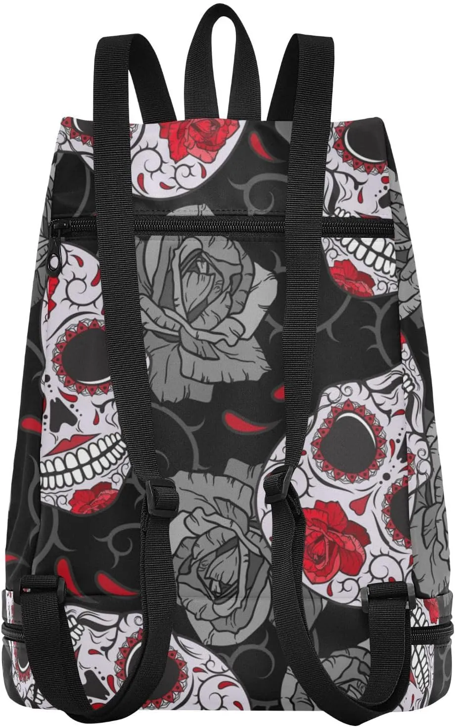 Poeticcity Gym Swimming Drawstring Bags Daypacks Backpack Purse Casual Knapsack Shoulder Bag Sitting Rucksack Seamless Gothic Sugar Skulls with Red Roses, Grey Roses Thorns