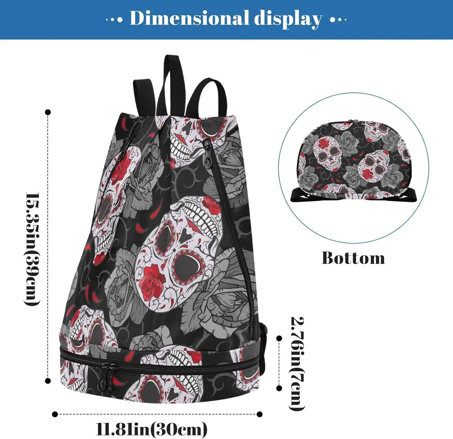 Poeticcity Gym Swimming Drawstring Bags Daypacks Backpack Purse Casual Knapsack Shoulder Bag Sitting Rucksack Seamless Gothic Sugar Skulls with Red Roses, Grey Roses Thorns