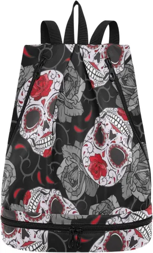 Poeticcity Gym Swimming Drawstring Bags Daypacks Backpack Purse Casual Knapsack Shoulder Bag Sitting Rucksack Seamless Gothic Sugar Skulls with Red Roses, Grey Roses Thorns