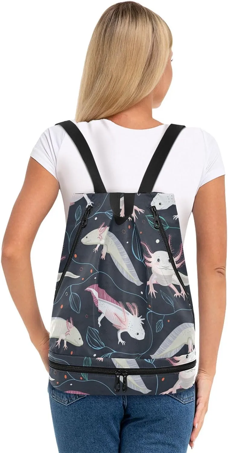 Poeticcity Gym Swimming Drawstring Bags Daypacks Backpack Purse Casual Knapsack Shoulder Bag Sitting Rucksack Seamless Pink White Swimming Axolotls, Blue Algae Leaves on Dark
