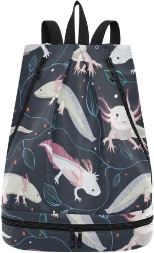Poeticcity Gym Swimming Drawstring Bags Daypacks Backpack Purse Casual Knapsack Shoulder Bag Sitting Rucksack Seamless Pink White Swimming Axolotls, Blue Algae Leaves on Dark