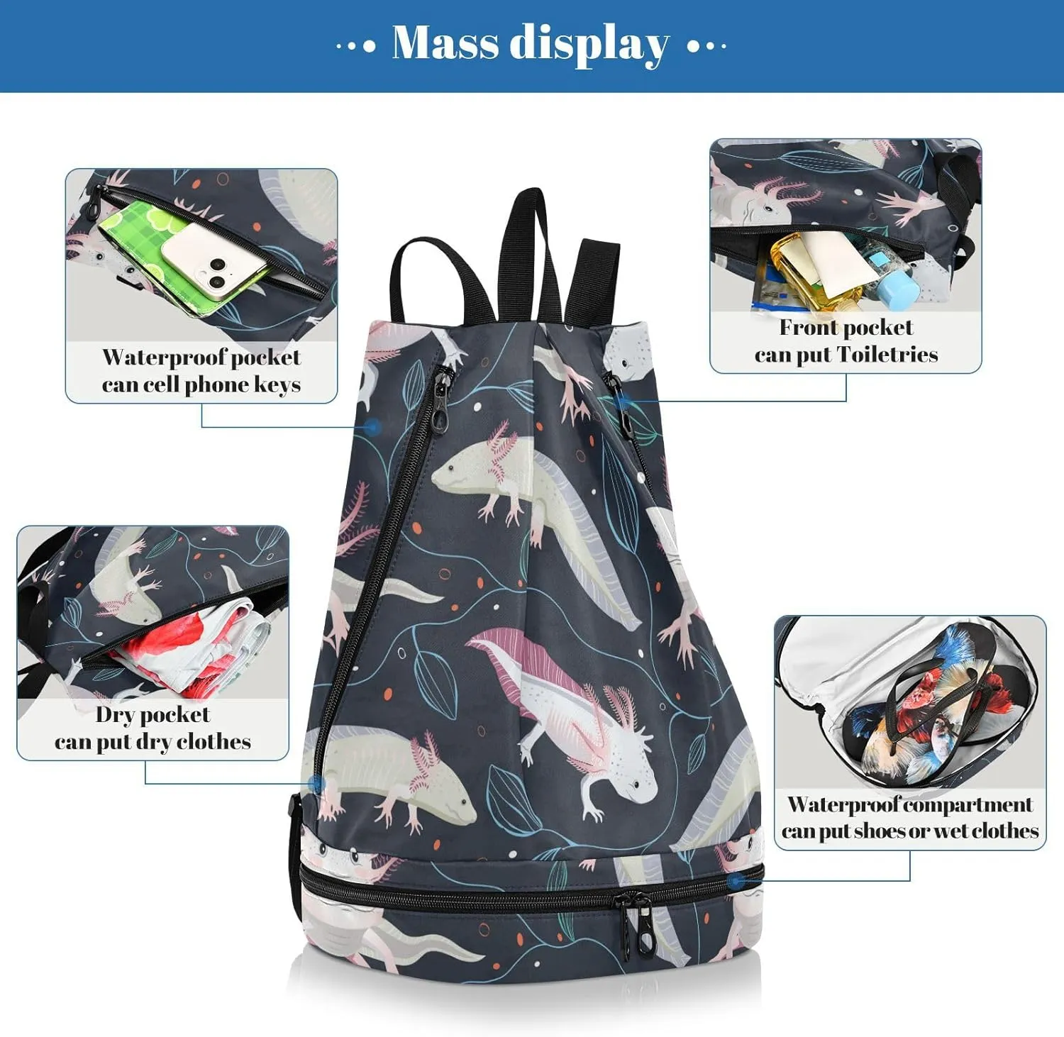 Poeticcity Gym Swimming Drawstring Bags Daypacks Backpack Purse Casual Knapsack Shoulder Bag Sitting Rucksack Seamless Pink White Swimming Axolotls, Blue Algae Leaves on Dark