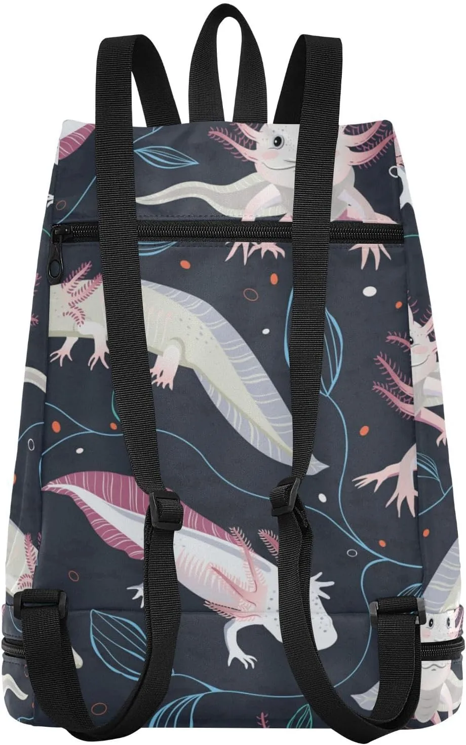 Poeticcity Gym Swimming Drawstring Bags Daypacks Backpack Purse Casual Knapsack Shoulder Bag Sitting Rucksack Seamless Pink White Swimming Axolotls, Blue Algae Leaves on Dark
