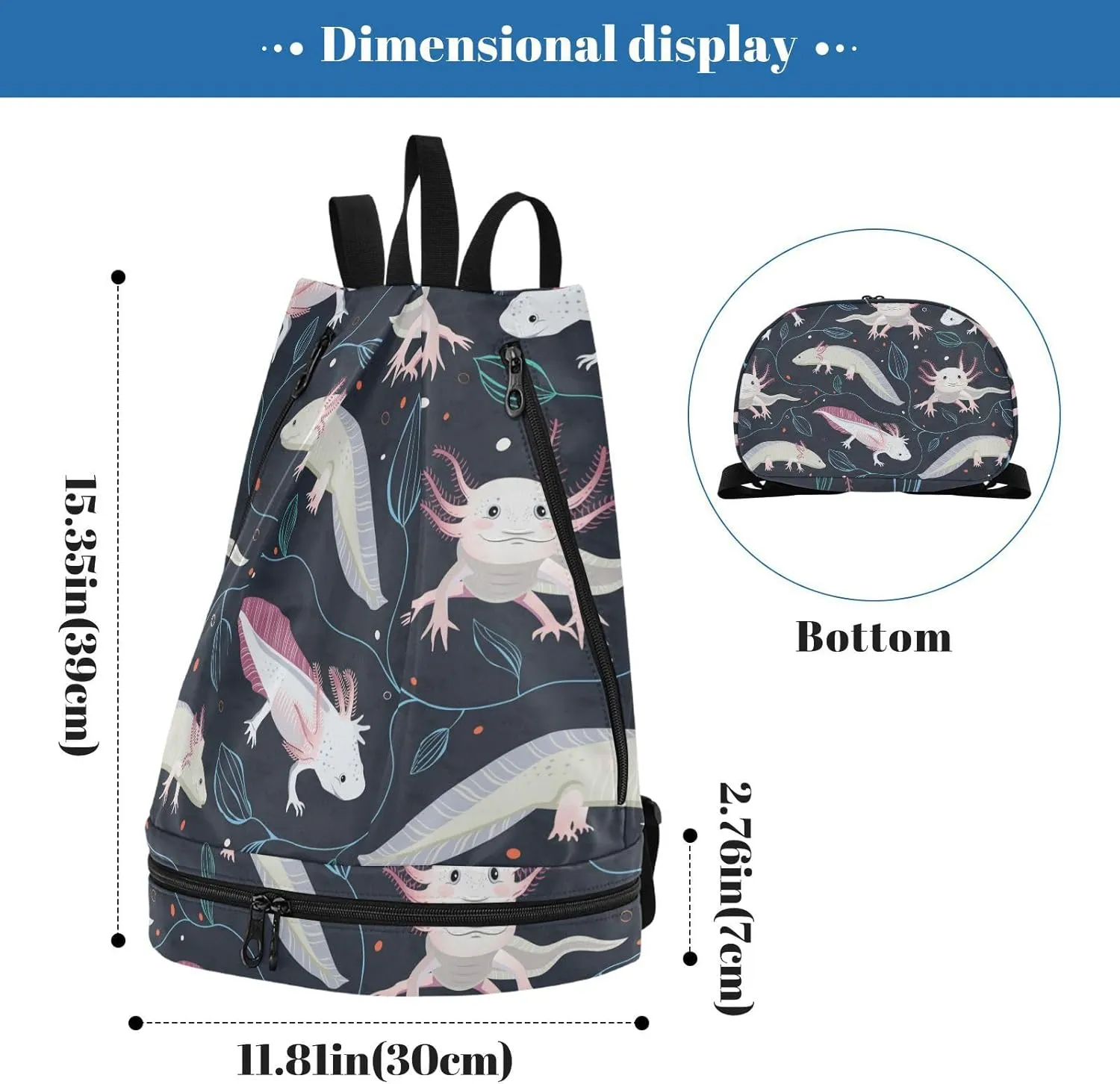 Poeticcity Gym Swimming Drawstring Bags Daypacks Backpack Purse Casual Knapsack Shoulder Bag Sitting Rucksack Seamless Pink White Swimming Axolotls, Blue Algae Leaves on Dark