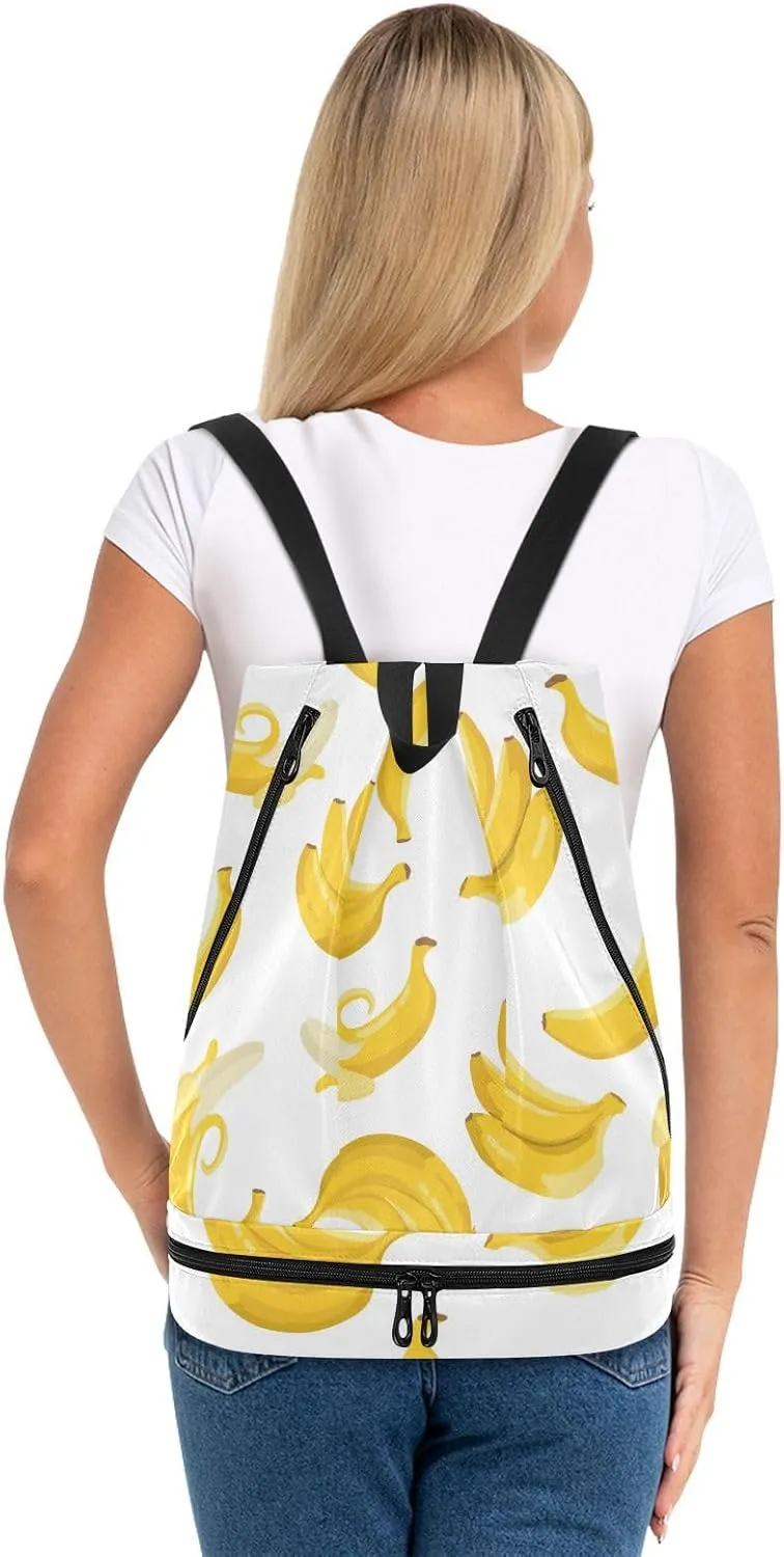 Poeticcity Gym Swimming Drawstring Bags Daypacks Backpack Purse Casual Knapsack Shoulder Bag Sitting Rucksack Seamless Summer Exotic Yellow Bananas on White