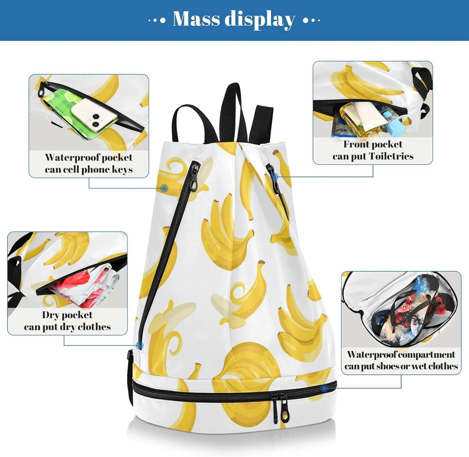Poeticcity Gym Swimming Drawstring Bags Daypacks Backpack Purse Casual Knapsack Shoulder Bag Sitting Rucksack Seamless Summer Exotic Yellow Bananas on White