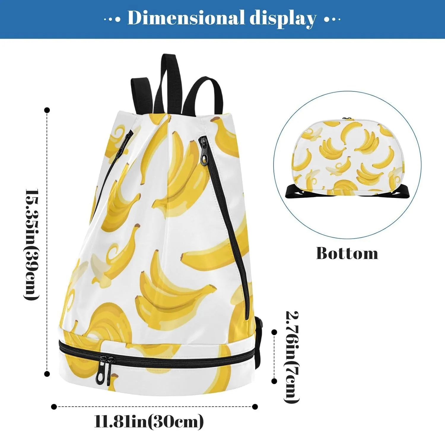 Poeticcity Gym Swimming Drawstring Bags Daypacks Backpack Purse Casual Knapsack Shoulder Bag Sitting Rucksack Seamless Summer Exotic Yellow Bananas on White