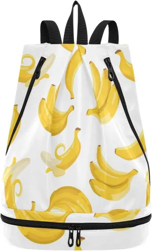 Poeticcity Gym Swimming Drawstring Bags Daypacks Backpack Purse Casual Knapsack Shoulder Bag Sitting Rucksack Seamless Summer Exotic Yellow Bananas on White