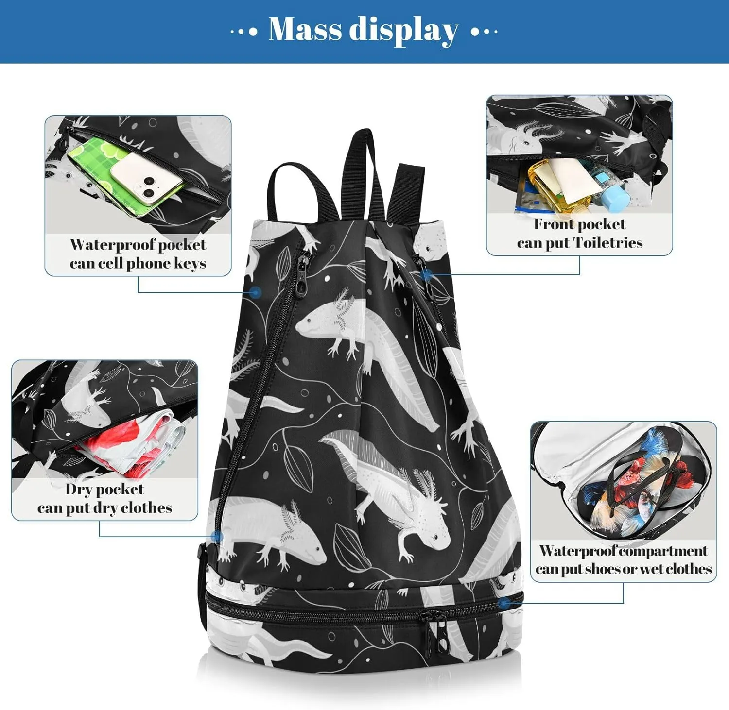 Poeticcity Gym Swimming Drawstring Bags Daypacks Backpack Purse Casual Knapsack Shoulder Bag Sitting Rucksack Seamless White Swimming Axolotls, Algae Leaves on Dark