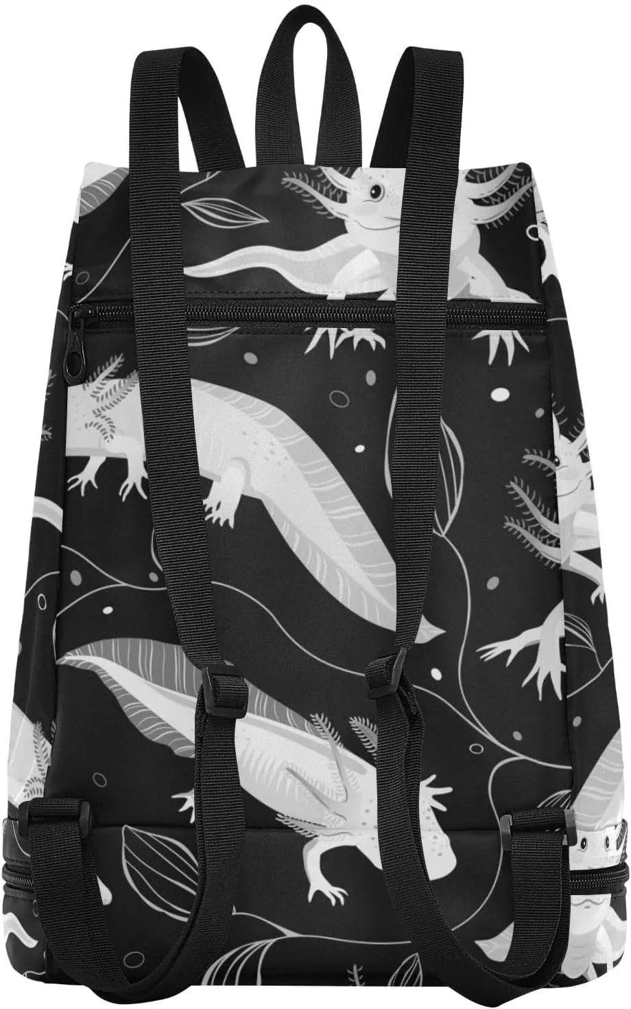 Poeticcity Gym Swimming Drawstring Bags Daypacks Backpack Purse Casual Knapsack Shoulder Bag Sitting Rucksack Seamless White Swimming Axolotls, Algae Leaves on Dark