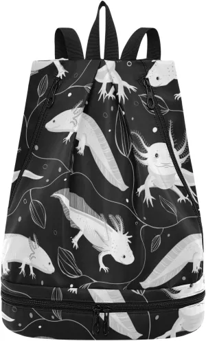 Poeticcity Gym Swimming Drawstring Bags Daypacks Backpack Purse Casual Knapsack Shoulder Bag Sitting Rucksack Seamless White Swimming Axolotls, Algae Leaves on Dark