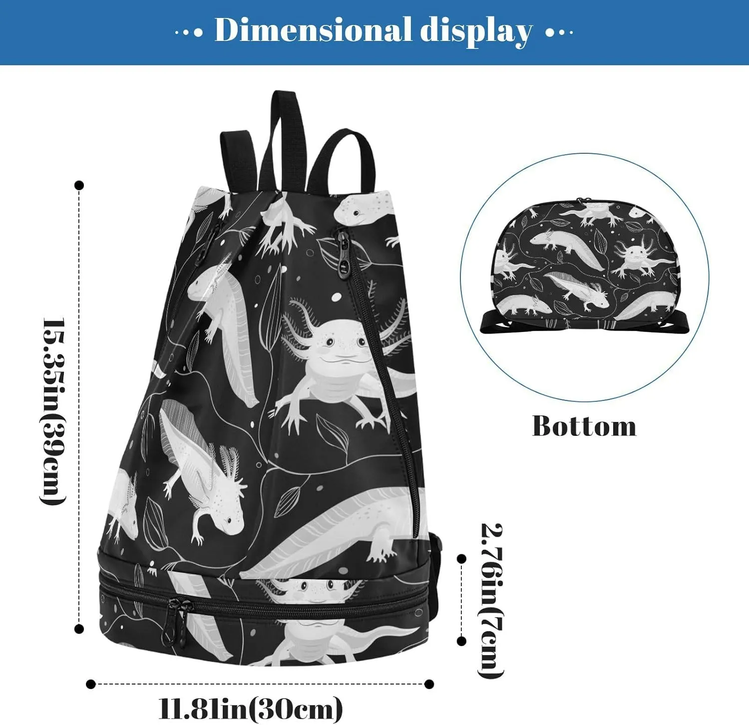 Poeticcity Gym Swimming Drawstring Bags Daypacks Backpack Purse Casual Knapsack Shoulder Bag Sitting Rucksack Seamless White Swimming Axolotls, Algae Leaves on Dark