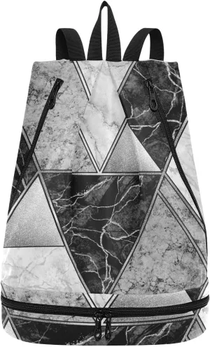 Poeticcity Gym Swimming Drawstring Bags Daypacks Backpack Purse Casual Knapsack Shoulder Bag Sitting Rucksack Silver Lines Marble Granite Agate Black Grey Paint Triangle Tile