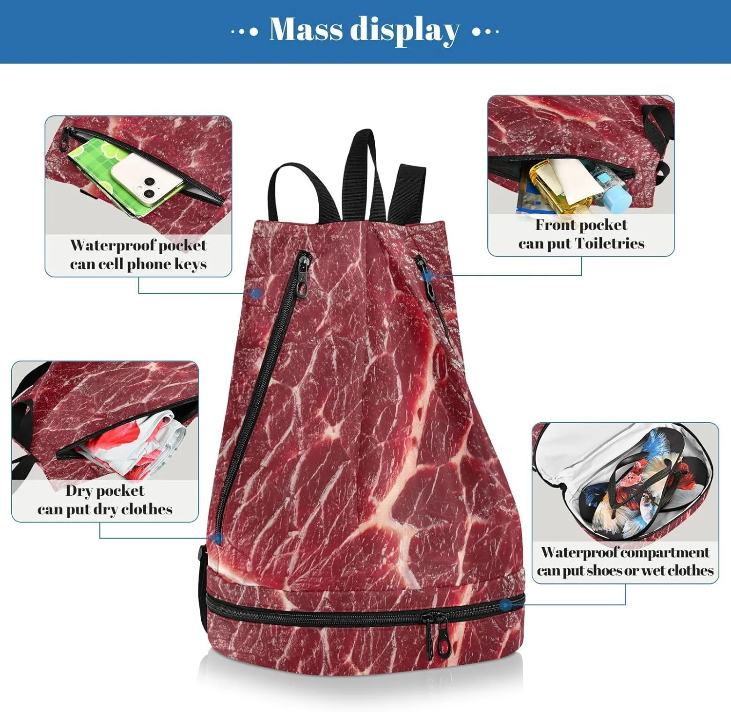 Poeticcity Gym Swimming Drawstring Bags Daypacks Backpack Purse Casual Knapsack Shoulder Bag Sitting Rucksack Steak Beef Meant Red Texture