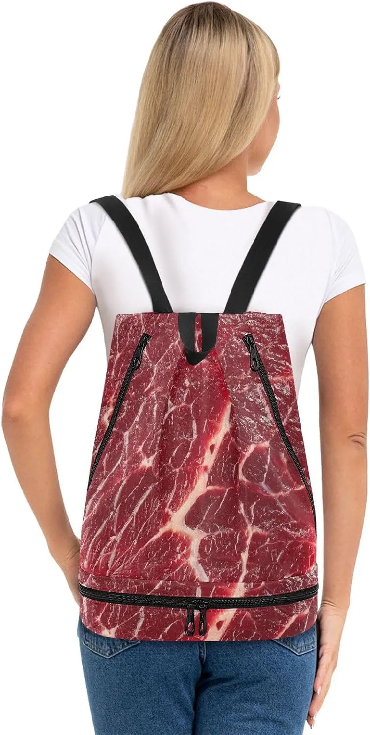 Poeticcity Gym Swimming Drawstring Bags Daypacks Backpack Purse Casual Knapsack Shoulder Bag Sitting Rucksack Steak Beef Meant Red Texture
