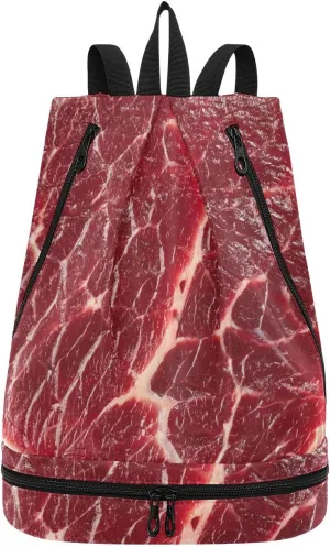 Poeticcity Gym Swimming Drawstring Bags Daypacks Backpack Purse Casual Knapsack Shoulder Bag Sitting Rucksack Steak Beef Meant Red Texture