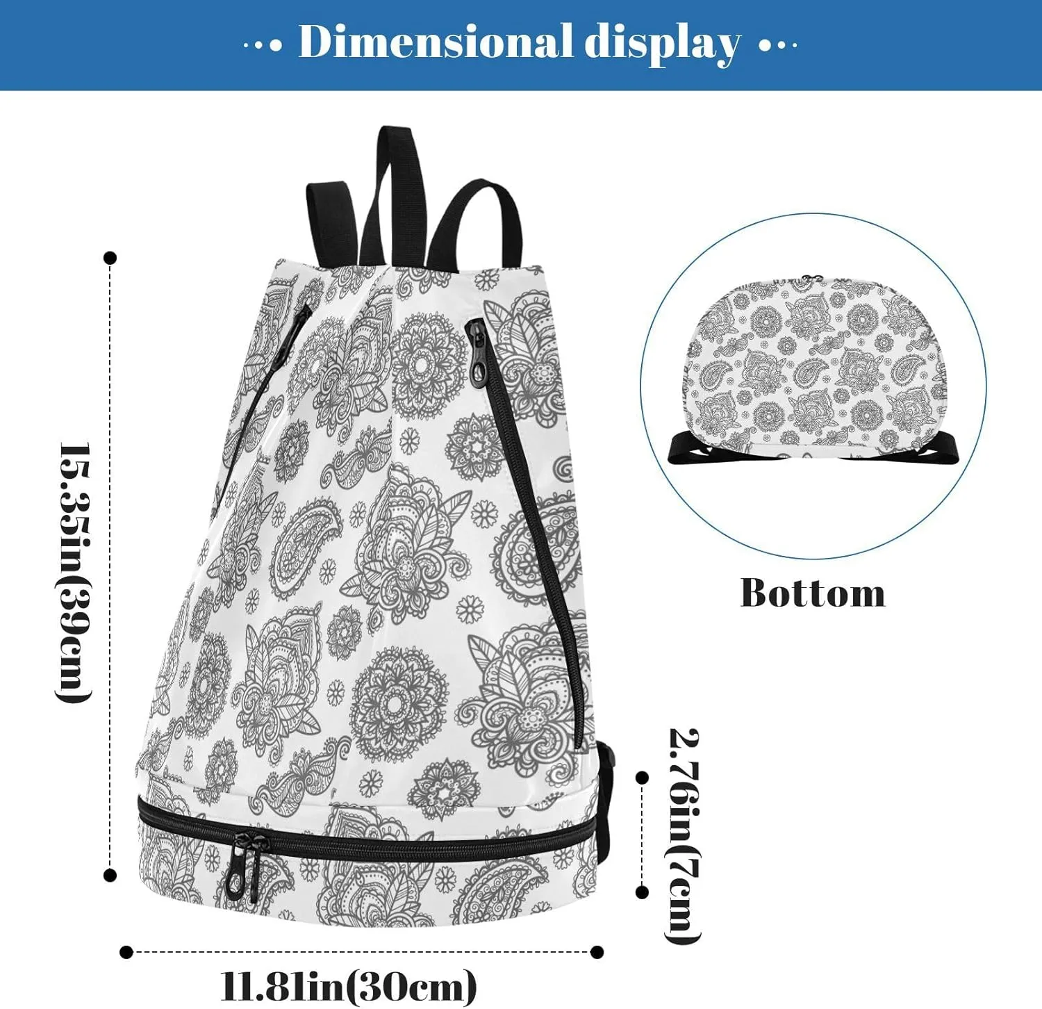 Poeticcity Gym Swimming Drawstring Bags Daypacks Backpack Purse Casual Knapsack Shoulder Bag Sitting Rucksack Traditional Ancient Asian Elements Paisley Floral Flower
