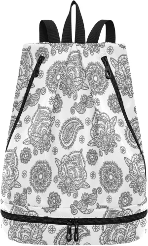 Poeticcity Gym Swimming Drawstring Bags Daypacks Backpack Purse Casual Knapsack Shoulder Bag Sitting Rucksack Traditional Ancient Asian Elements Paisley Floral Flower