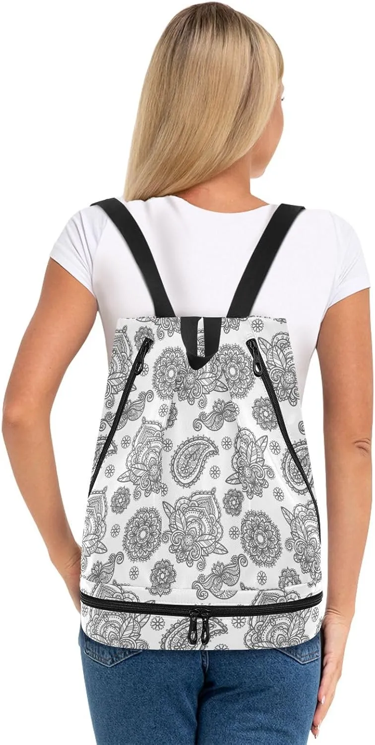 Poeticcity Gym Swimming Drawstring Bags Daypacks Backpack Purse Casual Knapsack Shoulder Bag Sitting Rucksack Traditional Ancient Asian Elements Paisley Floral Flower