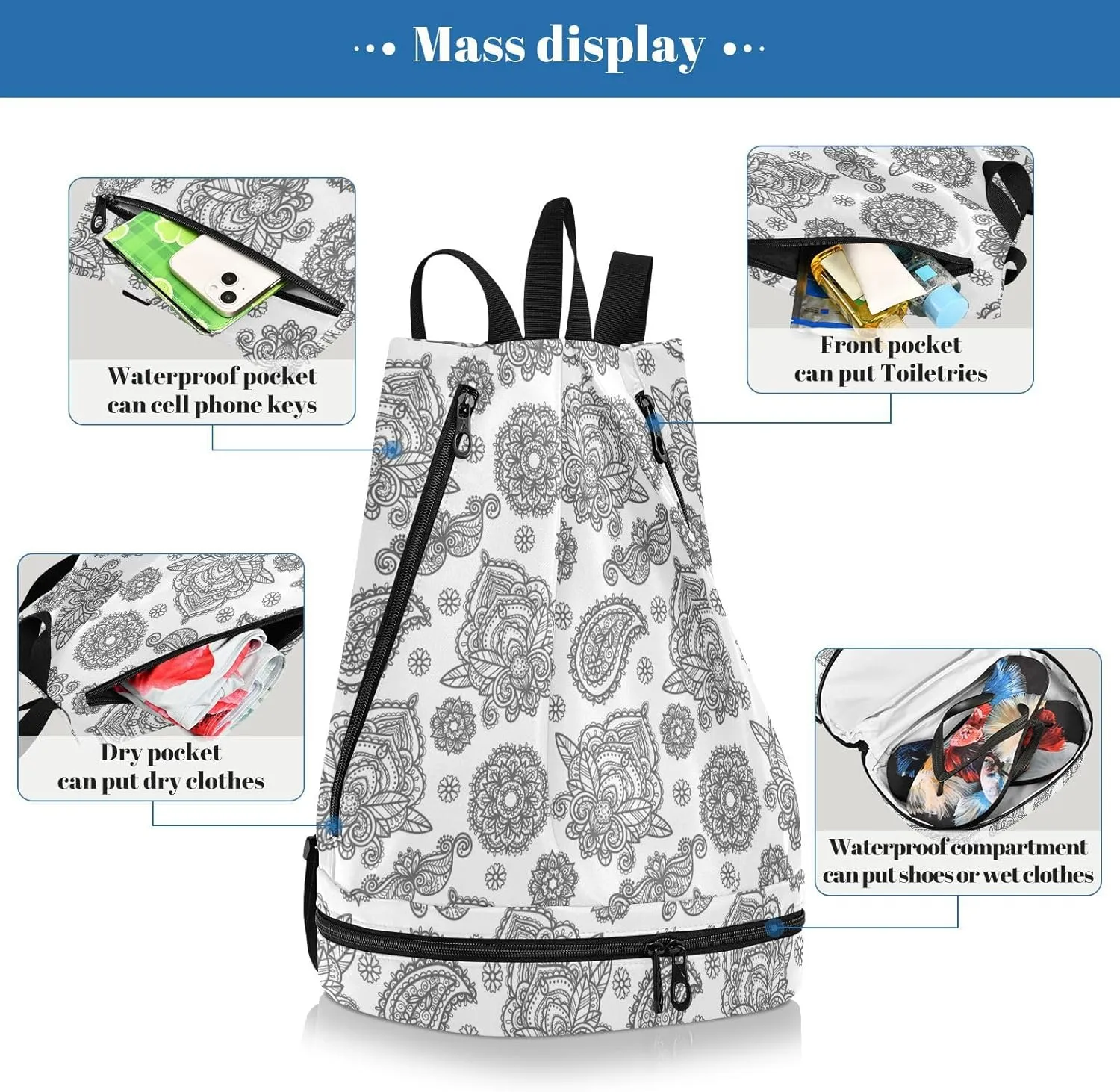 Poeticcity Gym Swimming Drawstring Bags Daypacks Backpack Purse Casual Knapsack Shoulder Bag Sitting Rucksack Traditional Ancient Asian Elements Paisley Floral Flower